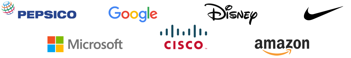 brands-served-desktop Logos of past customers. Amazon, Cisco, Google, Microsoft, Nike, Pepsico, Disney.