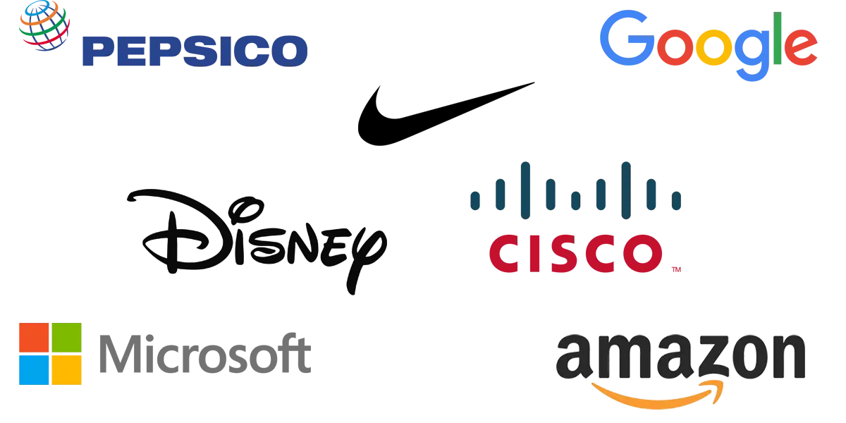brands-served-mobile Logos of past customers. Amazon, Cisco, Google, Microsoft, Nike, Pepsico, Disney.